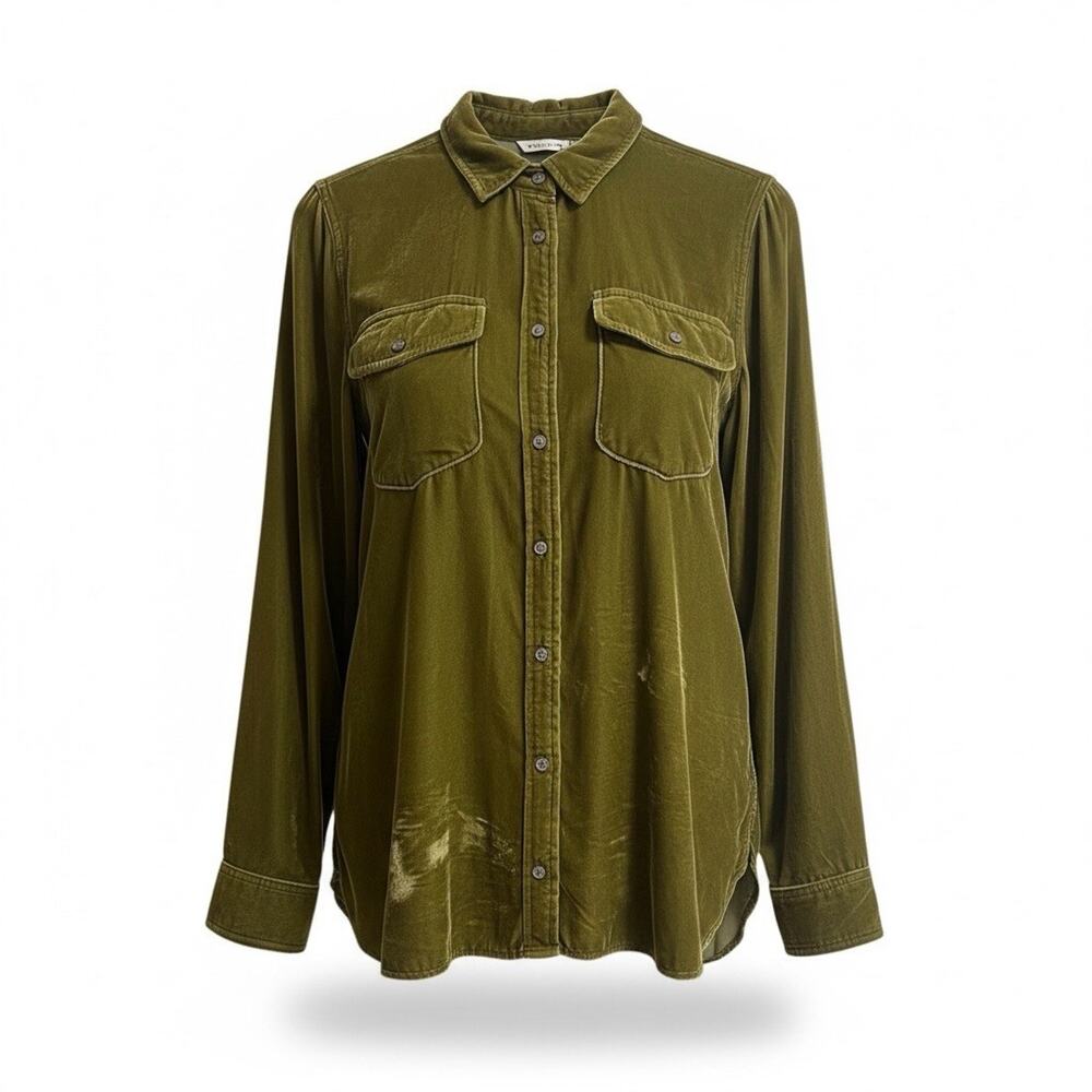 J. Crew Factory Olive Velvet Button-Front Blouse